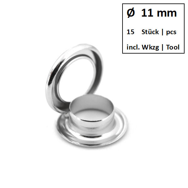 Ösen + Scheiben Ø 11 mm nickel | Dose á 15 Stück mit Werkzeug Ösen + Scheiben Ø 11 mm nickel | Dose á 15 Stück mit Werkzeug