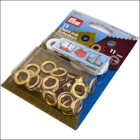 PF541371-TV-448-PRYM-se-rostfrei-mit-Werkzeug-11mm-messing-gold-Sattler-Leder-Patchwork-N-hen-Hersteller-shop-kaufen Öse+Scheibe Ø 11 mm , gold - Karte á 15 Stück mit Werkzeug