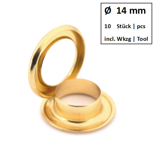 Ösen + Scheiben Ø 14 mm gold | Dose á 10 Stück mit Werkzeug Ösen + Scheiben Ø 14 mm gold | Dose á 10 Stück mit Werkzeug