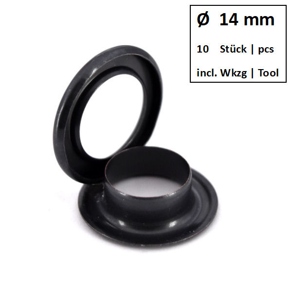 Ösen + Scheiben Ø 14 mm brüniert | Dose á 10 Stück mit Werkzeug Ösen + Scheiben Ø 14 mm brüniert | Dose á 10 Stück mit Werkzeug