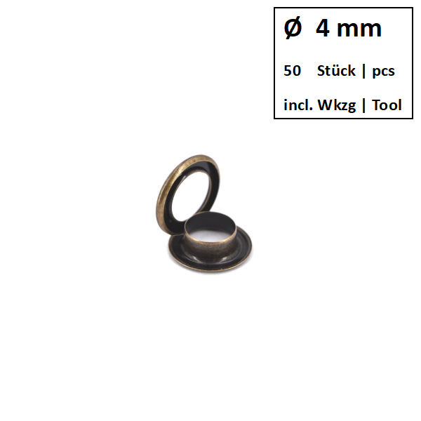 Ösen + Scheiben Ø 4 mm altmessing | Dose á 50 Stück mit Werkzeug Ösen + Scheiben Ø 4 mm altmessing | Dose á 50 Stück mit Werkzeug
