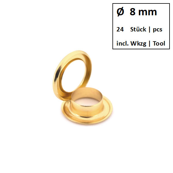 Ösen + Scheiben Ø 8 mm gold | Dose á 24 Stück mit Werkzeug Ösen + Scheiben Ø 8 mm gold | Dose á 24 Stück mit Werkzeug