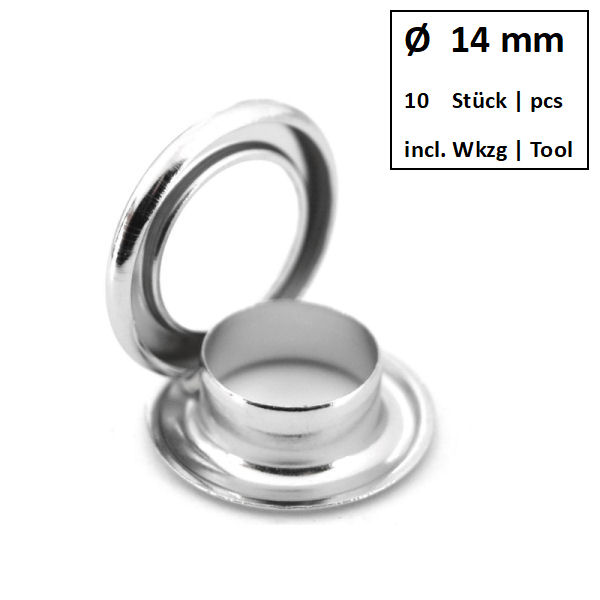 Ösen + Scheiben Ø 14 mm nickel | Dose á 10 Stück mit Werkzeug Ösen + Scheiben Ø 14 mm nickel | Dose á 10 Stück mit Werkzeug
