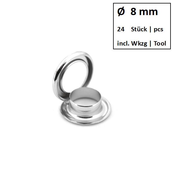 Ösen + Scheiben Ø 8 mm nickel | Dose á 24 Stück mit Werkzeug Ösen + Scheiben Ø 8 mm nickel | Dose á 24 Stück mit Werkzeug