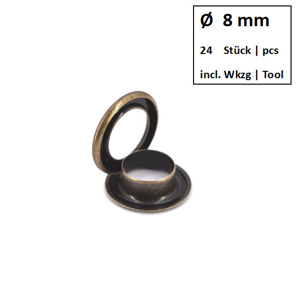 Ösen + Scheiben Ø 8 mm altmessing | Dose á 24 Stück mit Werkzeug Ösen + Scheiben Ø 8 mm altmessing | Dose á 24 Stück mit Werkzeug
