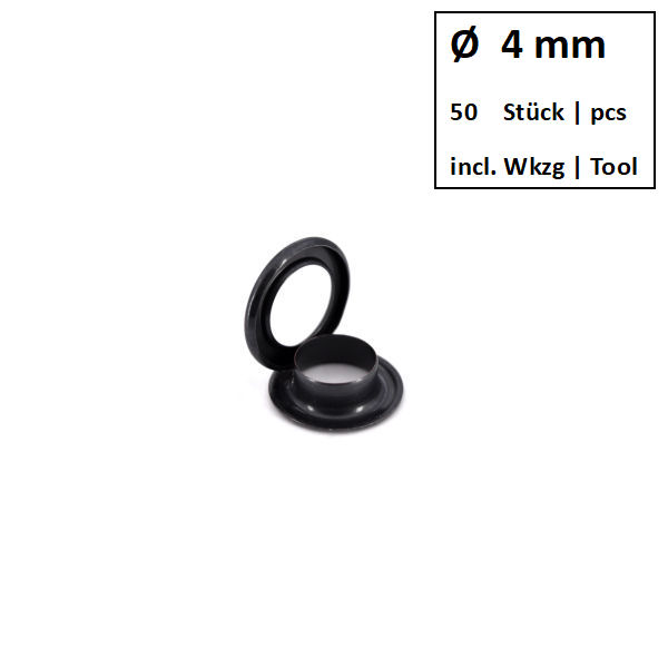 Ösen + Scheiben Ø 4 mm brüniert | Dose á 50 Stück mit Werkzeug Ösen + Scheiben Ø 4 mm brüniert | Dose á 50 Stück mit Werkzeug