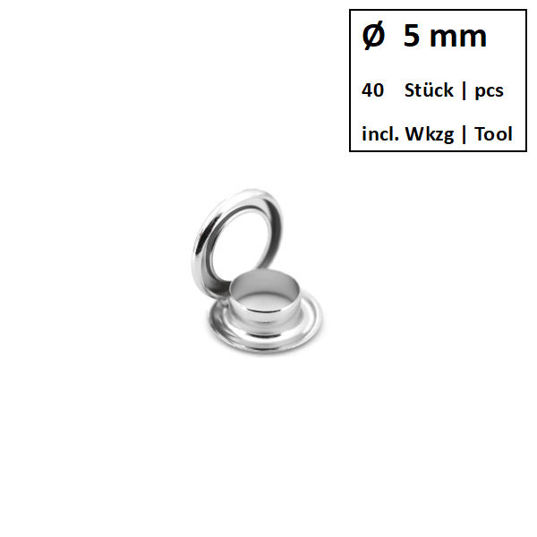 Ösen + Scheiben Ø 5 mm nickel | Dose á 40 Stück mit Werkzeug Ösen + Scheiben Ø 5 mm nickel | Dose á 40 Stück mit Werkzeug