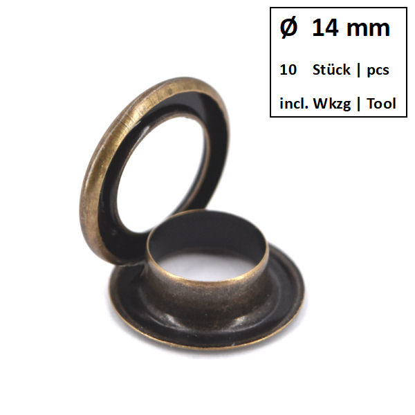 Ösen + Scheiben Ø 14 mm altmessing | Dose á 10 Stück mit Werkzeug Ösen + Scheiben Ø 14 mm altmessing | Dose á 10 Stück mit Werkzeug