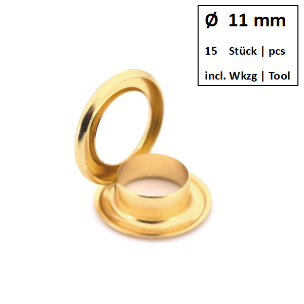 Ösen + Scheiben Ø 11 mm gold | Dose á 15 Stück mit Werkzeug Ösen + Scheiben Ø 11 mm gold | Dose á 15 Stück mit Werkzeug