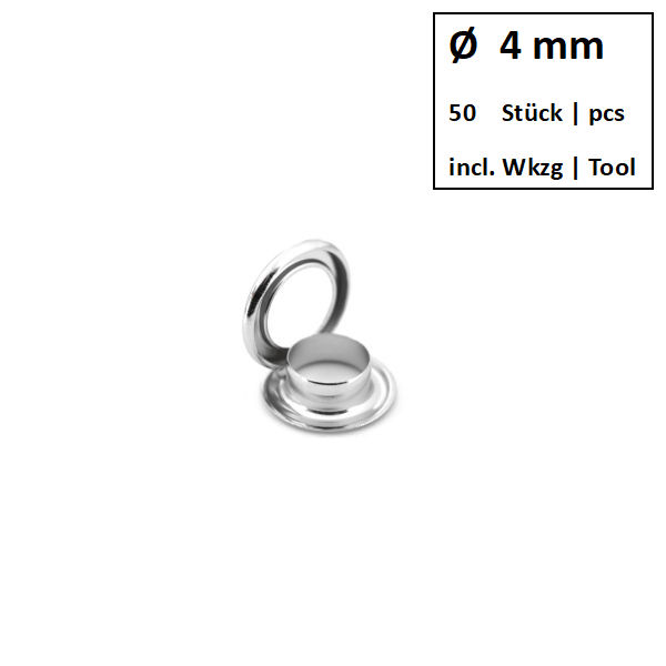 Ösen + Scheiben Ø 4 mm nickel | Dose á 50 Stück mit Werkzeug Ösen + Scheiben Ø 4 mm nickel | Dose á 50 Stück mit Werkzeug