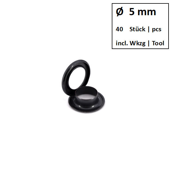 Ösen + Scheiben Ø 5 mm brüniert | Dose á 40 Stück mit Werkzeug Ösen + Scheiben Ø 5 mm brüniert | Dose á 40 Stück mit Werkzeug