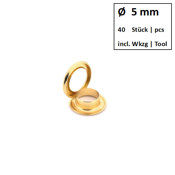 Ösen + Scheiben Ø 5 mm gold | Dose á 40 Stück mit Werkzeug Ösen + Scheiben Ø 5 mm gold | Dose á 40 Stück mit Werkzeug